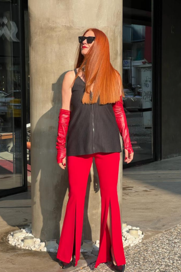 Kırmızı Yırtmaçlı Krep Pantolon